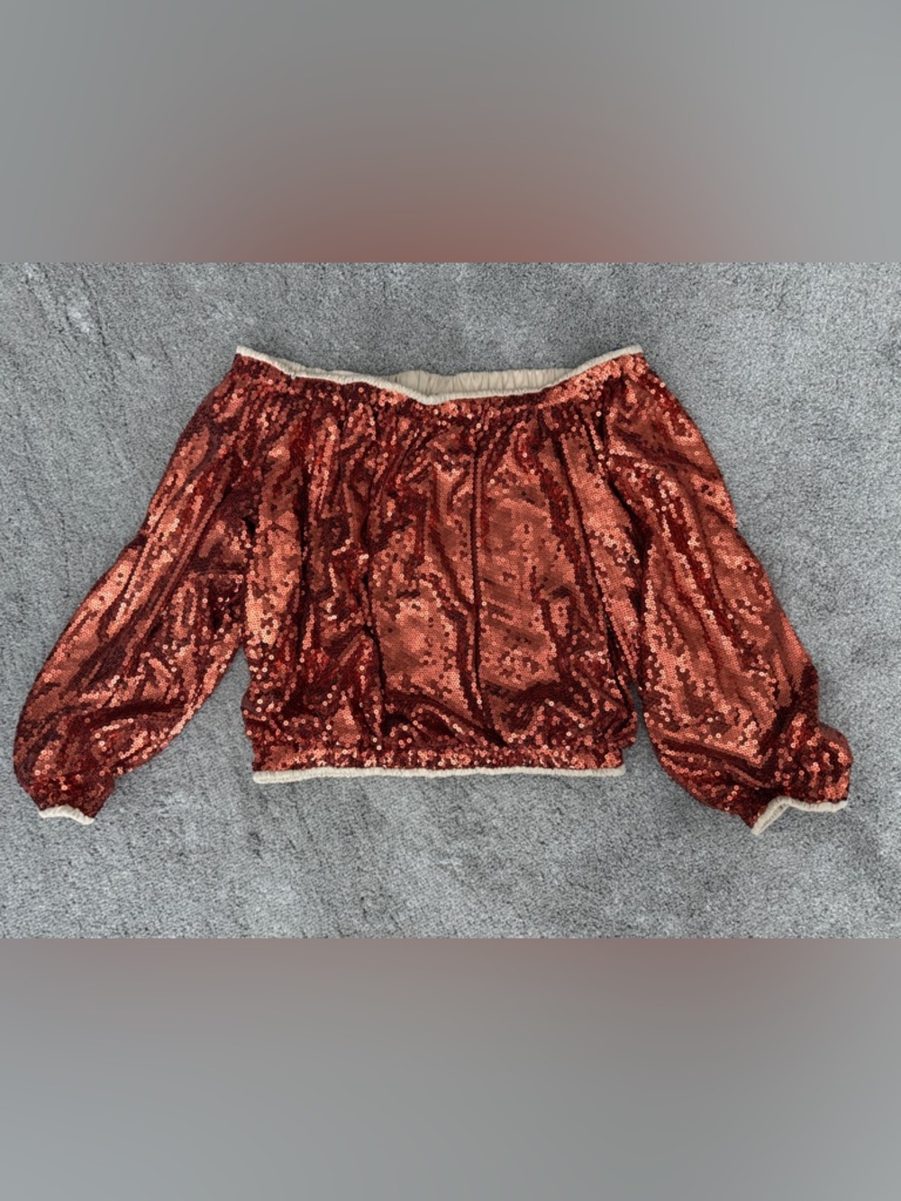 Fire Amber Red Orange Sequin Off The Shoulders Crop Bubble Sleeves 2X Blouse